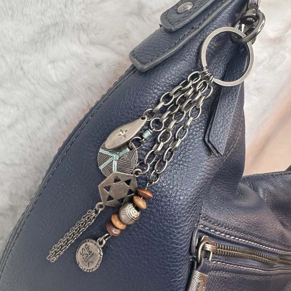 The Sak Sequoia Leather Large Hobo Shoulder Bag Indigo Navy Keychain Charm